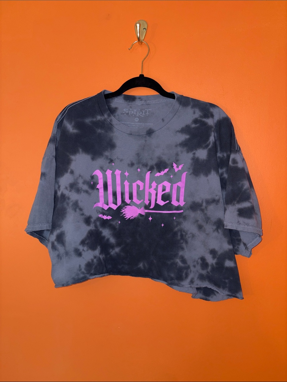 “WICKED”  Black and Gray Tie-Dye Crop Tee with Pink Graphic Size XL Movie Merch